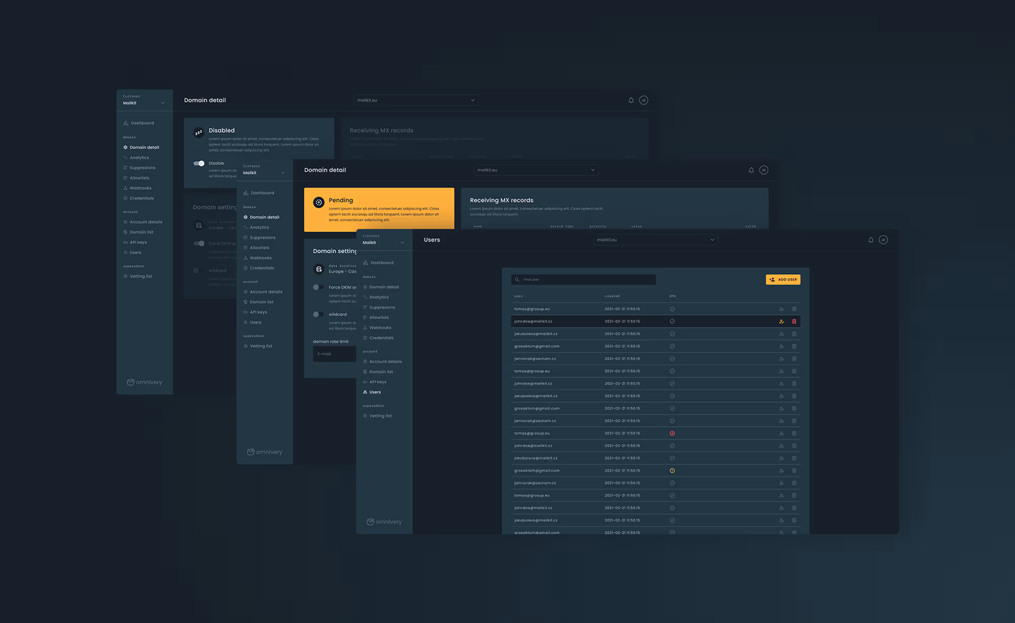Dashboard aplikace Omnivery pro správu mailových serverů, tmavé rozhraní s hustými datovými tabulkami a oranžovými akcenty